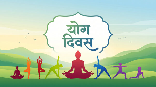 Yoga practice illustration with multiple colorful asana poses in nature landscape and hindi yoga divas text representing wellness harmony concept for banner design