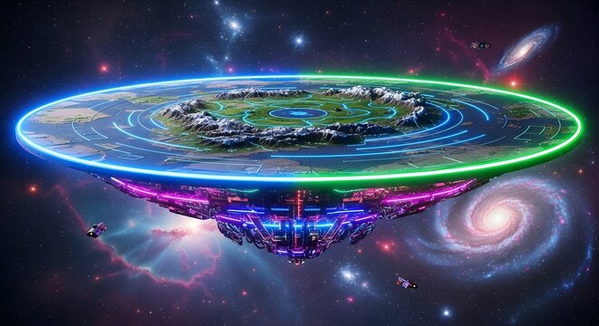 Futuristic utopian disc-world civilization floating majestically through the colorful cosmic expanse, its neon-lit architecture blending with verdant landscapes under swirling galaxies