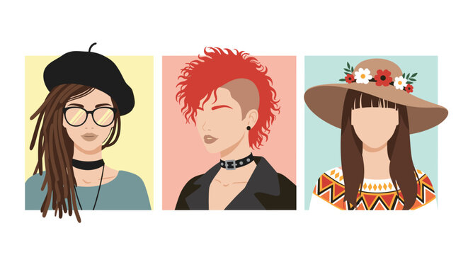 Three portraits of stylish women with alternative fashion styles like dreadlocks, mohawk, and flower hat.