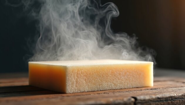 Fire resistant foam block emits smoke or vapor from its surface. Close up view of insulation material on wooden table. Safety construction component.