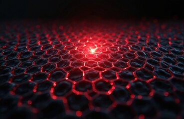 Fototapeta premium Close-up view of glowing red hexagonal pattern. Dark background with sharp geometric shapes, intricate honeycomb structure. Abstract digital art texture.