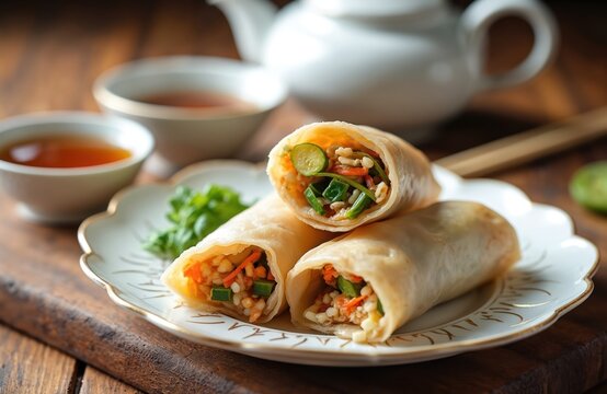 Fresh popiah rolls filled with mixed vegetables and rice served on a plate with tea. This delicious asian cuisine is perfect for food blogs and restaurants.