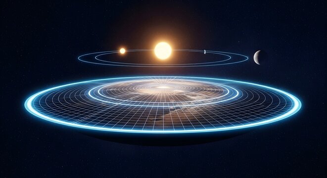Conceptual rendering of a flat Earth model with a digital grid, showing the sun, moon, and planets orbiting above a cosmic celestial system