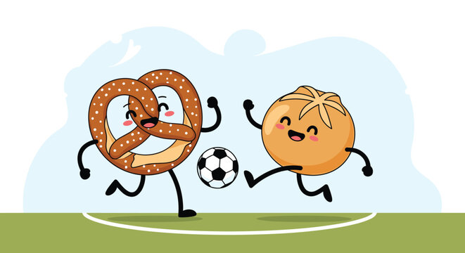 Cheerful pretzel and a round bread bun are seen playing a competitive soccer game with a ball on a green field under blue sky.