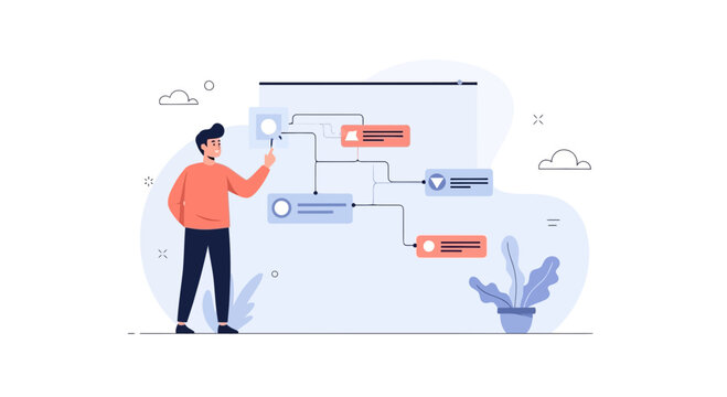 Man planning flowchart on whiteboard, business strategy, project management, workflow