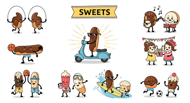 Array of chocolate eclair characters participating in different sports and activities under a large yellow sweets banner.