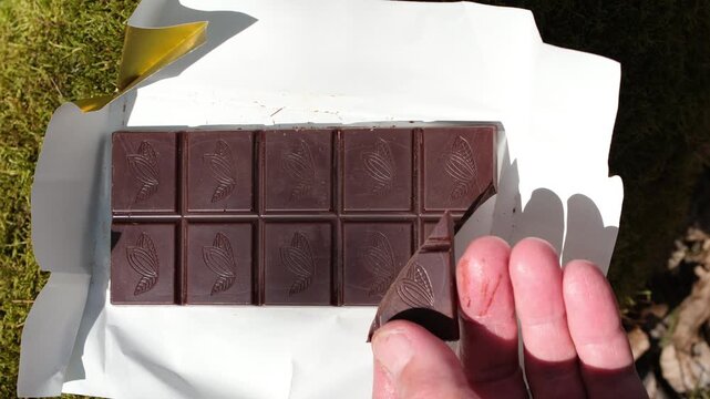 Human hand breaks off a piece of well-tempered chocolate. Bar melts in the sun. Green moss background. Ethical, natural, and organic chocolate. Eco-friendly packaging.