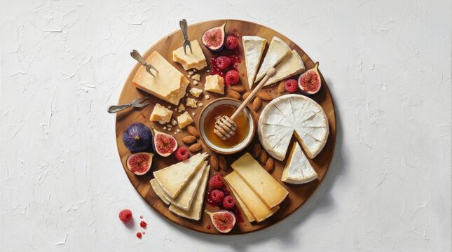 Artisan cheese board with figs, brie, gouda arranged on round wooden platter honey drizzle in small bowl crackers and roasted almonds scattered rosemary sprigs and edible flowers