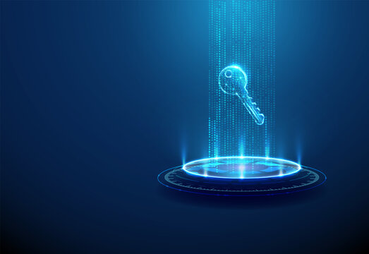 3d blue digital key hovering above futuristic podium within vertical data stream. Secure access showcase, encrypted digital entry, cybersecurity infrastructure concept.