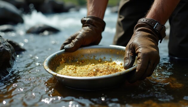 Man pans for gold in a river using a metal bowl. Hands in leather gloves sift gravel and water. Close-up of prospecting activity with shimmering metal pieces.