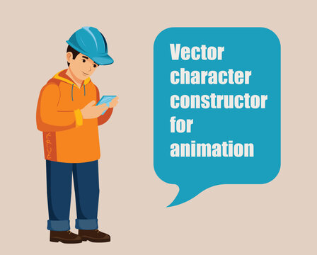 Vector young electrician character constructor for animation. Professional worker in hard hat with smartphone on layers. Ready to animate flat design person for engineering explainer videos.