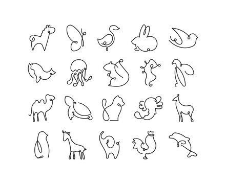Animal doodle set in outline line featuring alpaca butterfly duck rabbit bird whale jellyfish squirrel seahorse eagle camel turtle cat