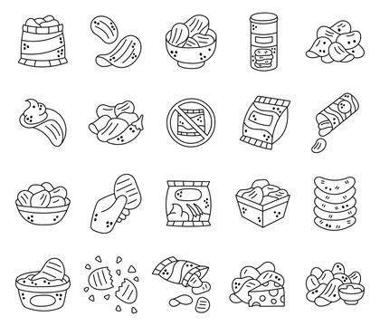 Chips snack set in outline line art featuring various packaging shapes serving options dipping sauces crisp textures and multiple flavor variations presentation