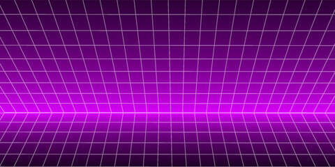 Pink glow neon wireframe background. Shining checkered grid floor plane in deep perspective. Bright purple futuristic diagonal wallpaper. Arcade game sci fi matrix rotating surface. Vector backdrop © ardi