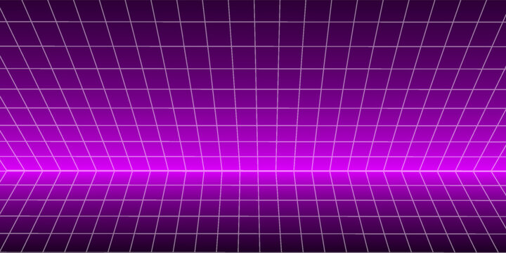 Pink glow neon wireframe background. Shining checkered grid floor plane in deep perspective. Bright purple futuristic diagonal wallpaper. Arcade game sci fi matrix rotating surface. Vector backdrop