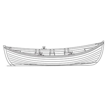 Black and white line art illustration of a wooden rowboat in profile view