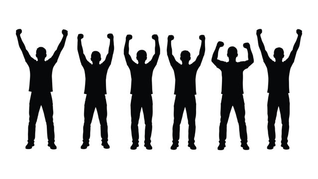 Six silhouetted figures with arms raised in a celebratory or victorious gesture