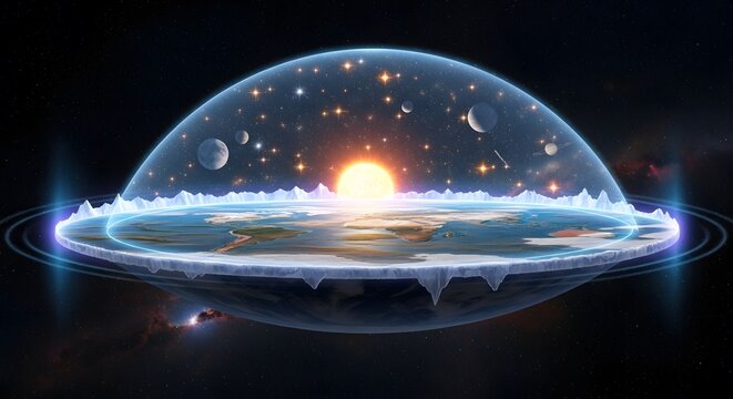 Vast cosmic realm conceptualizing an ancient flat world enclosed within a magnificent celestial dome, illuminated by a brilliant central sun and distant planets