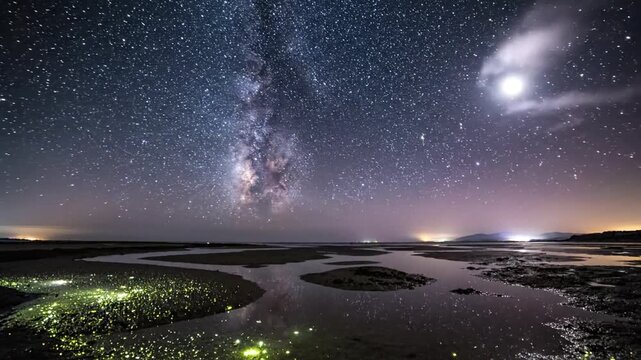 The Vast Milky Way Galaxy Shimmers Above Reflective Tidal Flats Under a Starry Night Sky