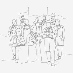 Obraz premium Minimalist Line Art: Diverse Medical Team Standing Together, Healthcare Professionals Illustration