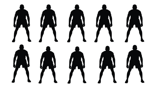 A series of silhouetted figures depicting various male body types in athletic shorts