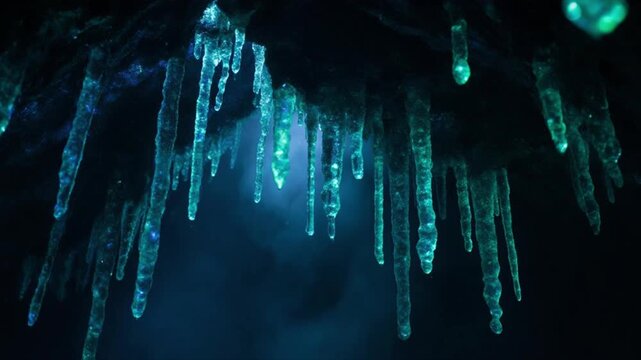 燐光洞窟の輝く水滴マクロ映像・神秘的な青緑色の発光鍾乳石