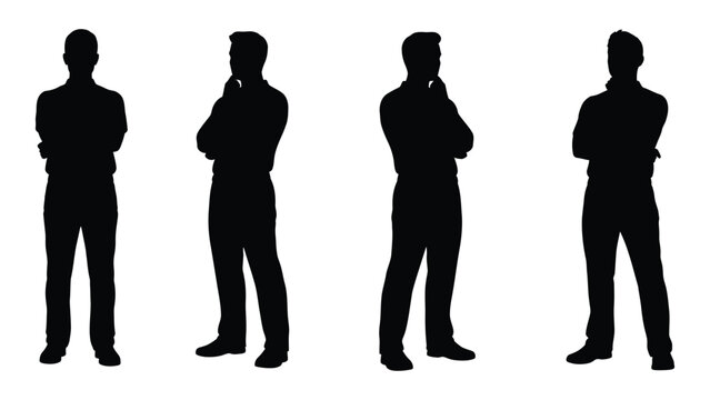 Four silhouetted men standing with arms crossed depicted in a minimalist style