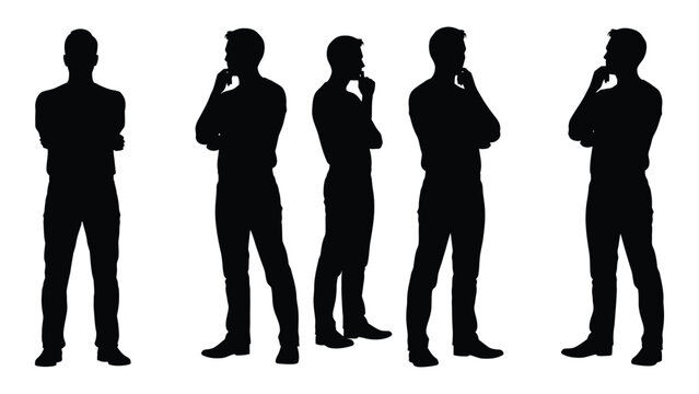 Silhouette of five men standing in a row each in a different thoughtful pose