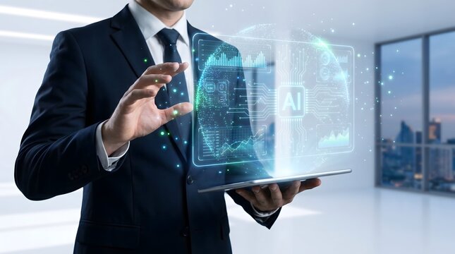 Businessman Using Futuristic AI Control Interface