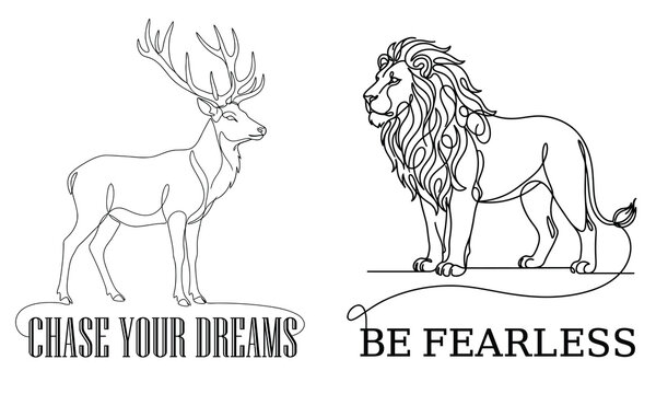 Chase Your Dreams Be Fearless - One line drawing of a deer with antlers and a lion with mane in minimalist vector style