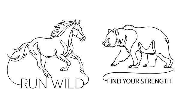 Run Wild Find Your Strength - One line drawing of a galloping horse with flowing mane and a walking grizzly bear