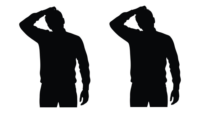 Two silhouettes of a man hands raised to his head suggesting thought or frustration