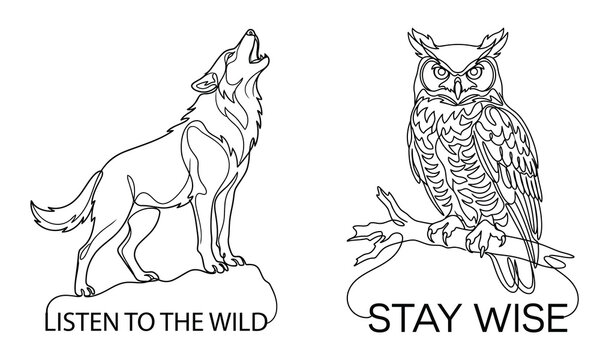 Listen To The Wild Stay Wise - Minimalist line art of a howling wolf on a hill and an owl perched on a branch