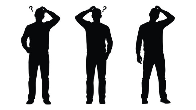 Three silhouetted men pose with hands on heads displaying confusion or questioning expressions