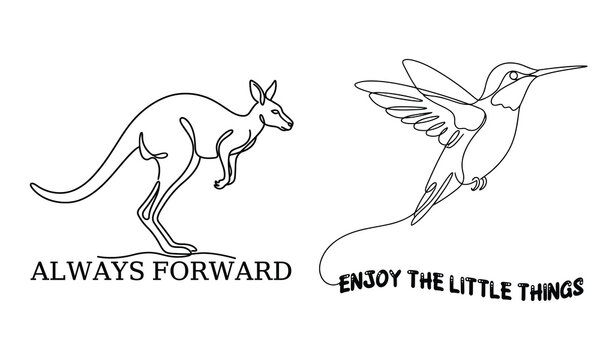 Always Forward Enjoy The Little Things - Continuous line drawing of a jumping kangaroo and a small hummingbird in flight