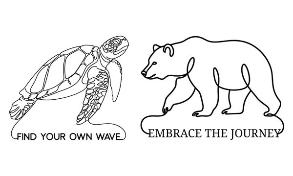 Find Your Own Wave Embrace The Journey - One line art of a sea turtle swimming and a large bear walking