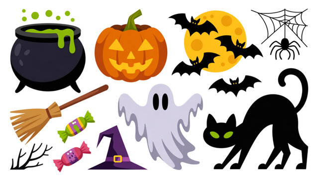A colorful Halloween-themed vector graphic illustration of various spooky and festive icons on a transparent background