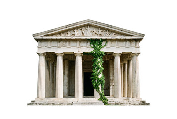 Obraz premium Ancient Greek or Roman marble temple with Doric columns, sculptural frieze, and climbing ivy vine growing up facade.