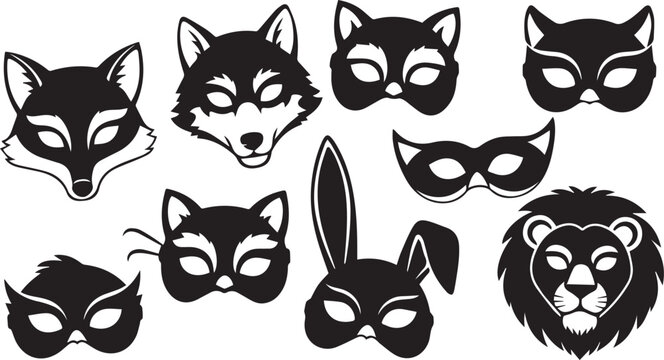 Animal Face Mask Icon Set for Carnival and Party Costumes
