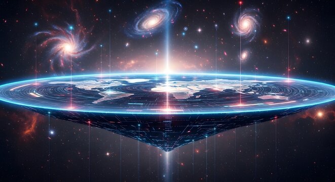 Stunning illustration of a futuristic flat Earth suspended in the vast cosmic expanse, bathed in starlight and surrounded by swirling galaxies, a profound concept of an alternate universe