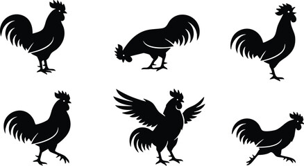 Rooster Silhouette Collection Vector Set – Chicken and Cock Silhouettes, Farm Animal Poses Bundle, Black Poultry Illustration © abdullah