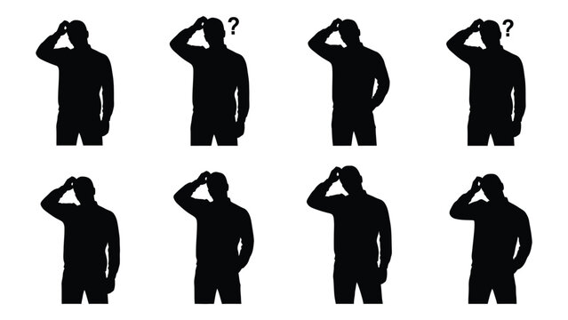 Silhouette series depicting men in various questioning or reflective poses with hands above heads