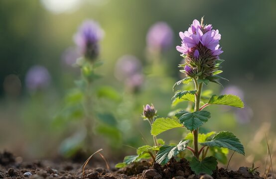 Close view of purple flower bloom with green leaves growing in soil. Blurred background plants and sunlight create soft bokeh effect. Wild plant, nature, springtime beauty.