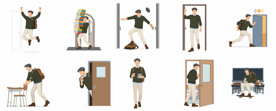 Flat Design Character Illustration Set of Young Man Student Daily Life and Activity in School Setting