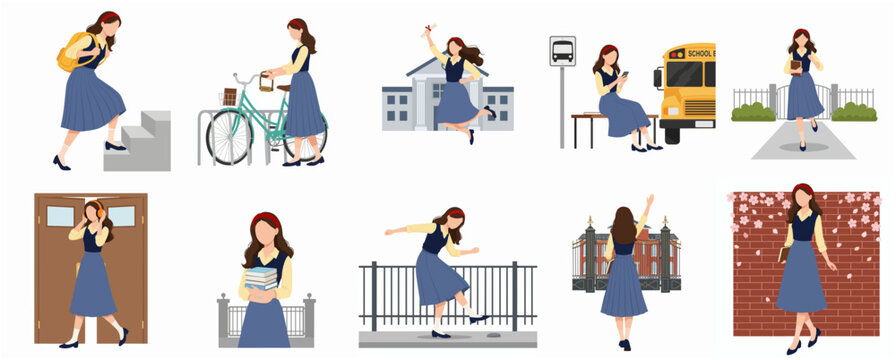 Flat Design Character Set Young Woman Student Daily Life Activities and Routine Collection