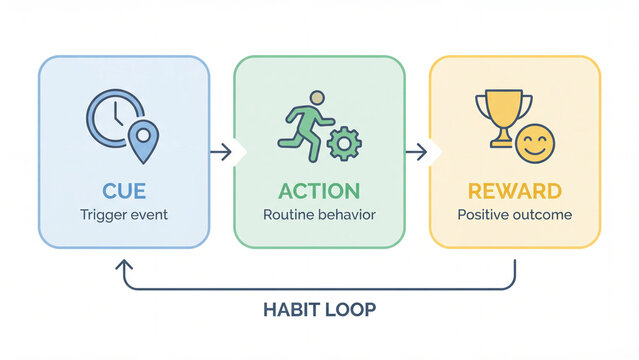 Habit loop behavioral framework covering cue trigger action routine and reward outcome cycle for personal development psychology behavior change and productivity improvement