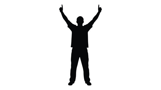 Silhouette of a man raising both arms in a victory or celebratory pose against a white background