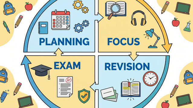 Student study cycle framework covering planning focus revision and exam stages for academic performance improvement learning habit building and educational success