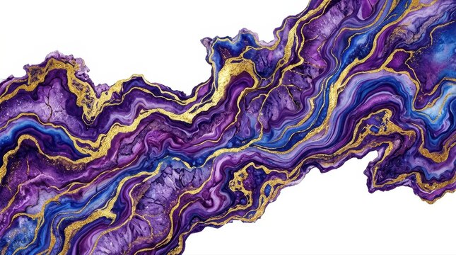 Purple marble geode abstract illustration, luxury amethyst stone texture with gold veins, elegant fluid alcohol ink art on white background