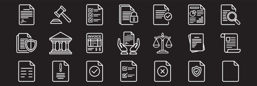 notary document icon set vector. legal and justice system outline icons, law attorney vector set. Law and justice icon set. Legal Law Document and Justice Court Vector Icon Set